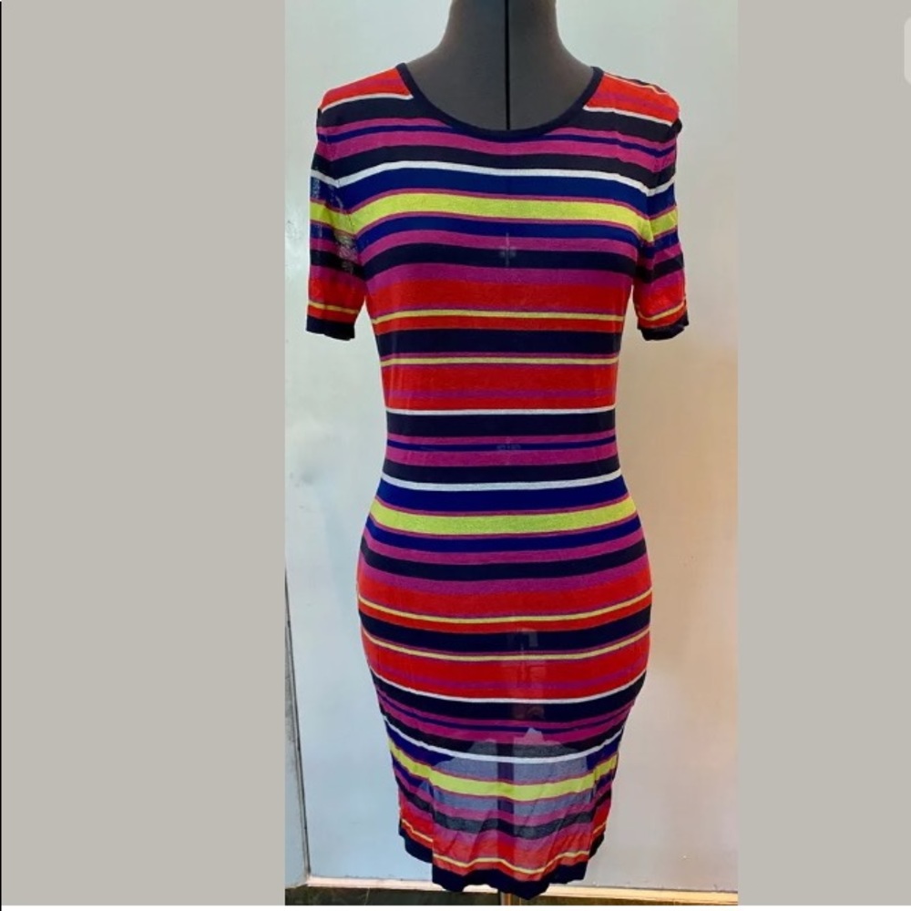 NEW TRINA TURK FINE SHEER JERSEY KNIT SHEATH DRESS STRIPES RED PURPLE S M NWOT